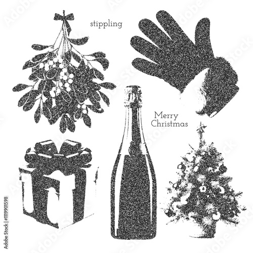 Set of retro Christmas stickers with stippling halftone photocopy effect. Vintage zine elements for social media decorations and New year greetings. Vector monochrome design.