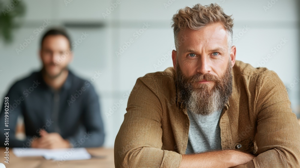 Portrait of a man with a beard and casual attire, sitting in an office setting, portraying a sense of focus and professionalism in a relaxed environment. Portrait of a man with a beard and casual attire, sitting in an office setting, portraying a sense of focus and professionalism in a relaxed environment.