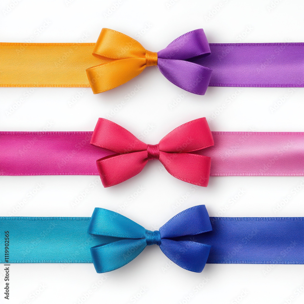 Vibrant satin ribbons in various colors with bows. Vibrant satin ribbons in various colors with bows.