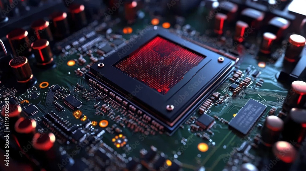Detailed look at intricate circuitry on a green motherboard. Detailed look at intricate circuitry on a green motherboard.