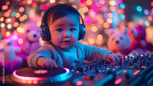 Baby dj mixing music in colorful holiday environment festive home playful atmosphere
