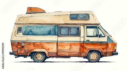 Watercolor illustration of a campervan, dense arrangement, high resolution, no logos, no brands, no text 