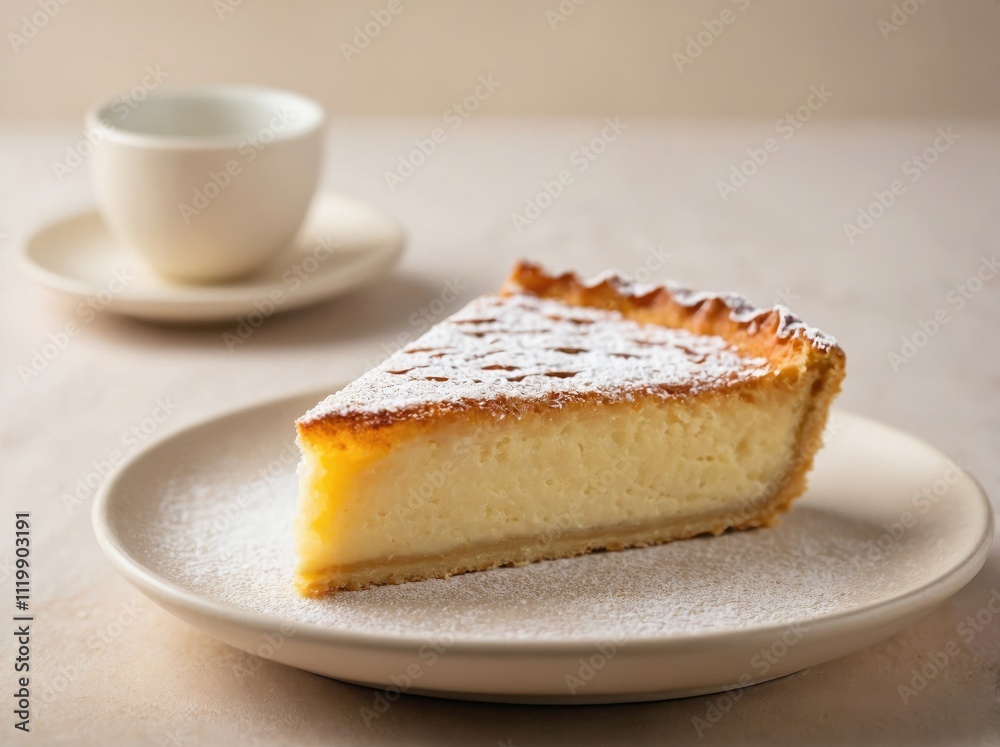 A close-up of a triangular slice of Tarta de Santiago, placed on a matte white plate. A close-up of a triangular slice of Tarta de Santiago, placed on a matte white plate.