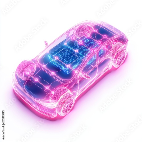 Futuristic electric car, glowing circuitry design, white isolate background.