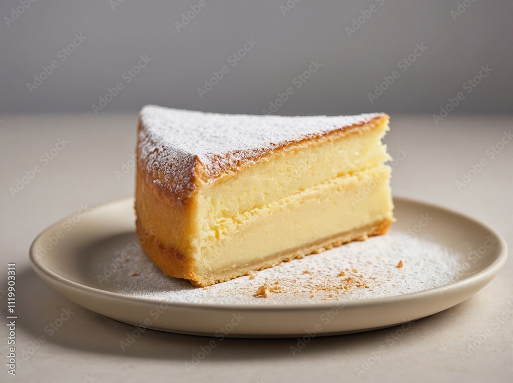 A close-up of a triangular slice of Tarta de Santiago, placed on a matte white plate.