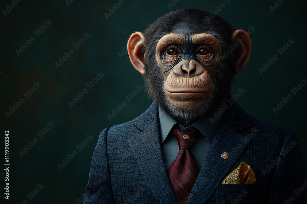 Corporate monkey in suit studio digital art dark background portrait humor and professionalism Corporate monkey in suit studio digital art dark background portrait humor and professionalism