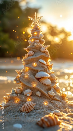 Christmas tree sandcastle adorned with seashells on tropical beach