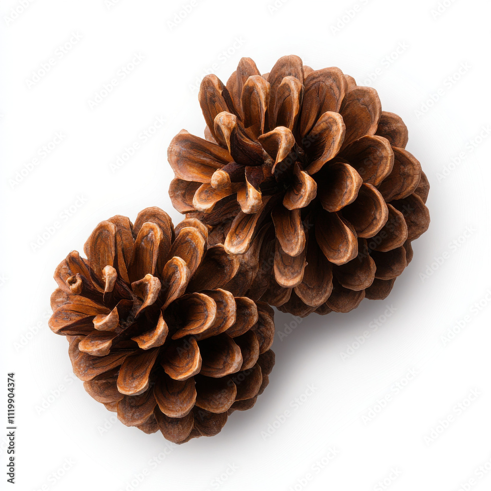 Two brown pine cones on a white background, symbolizing nature. Two brown pine cones on a white background, symbolizing nature.