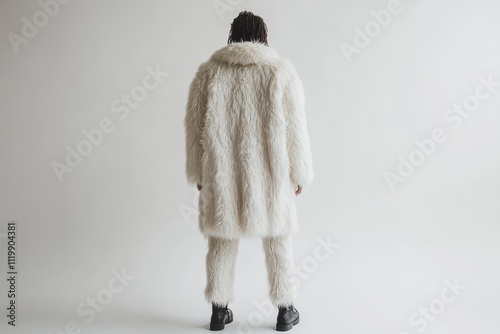 Male model wearing a long white faux fur coat displayed on a white background, cruelty-free winterwear for sustainable branding and marketing projects photo