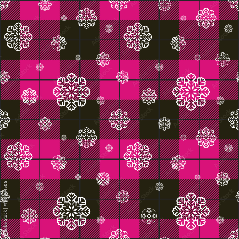 Snowflakes on a Buffalo plaid background. Vector Seamless Winter Pattern. Festive retro texture.