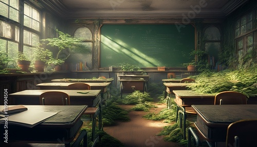 Old desks are cradled in nature's arms.  