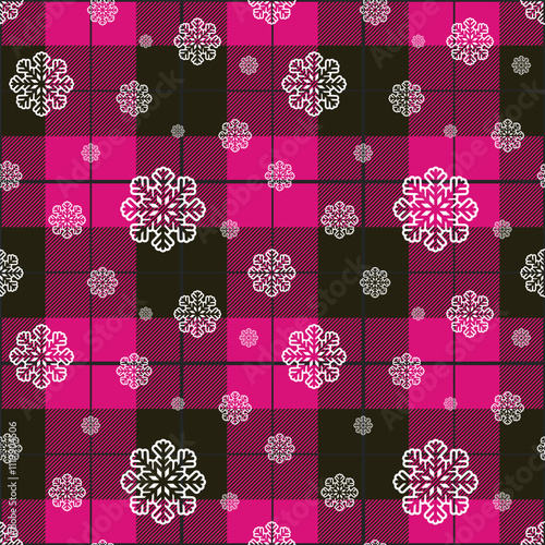 Obraz na płótnie Snowflakes on a Buffalo plaid background. Vector Seamless Winter Pattern. Festive retro texture. w salonie