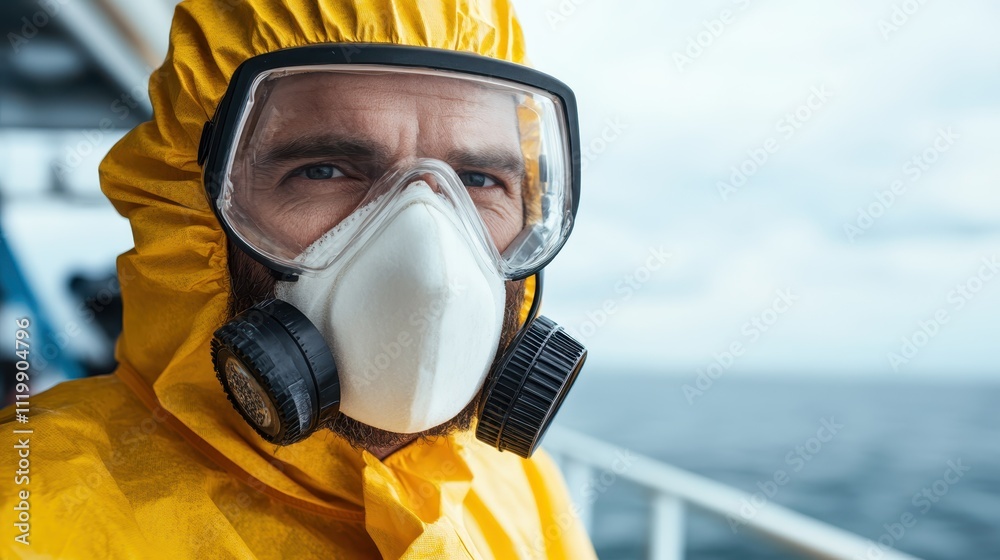 A man wearing a bright yellow protective suit and mask is seen standing on a boat, with a vast ocean in the backdrop, suggesting safety and exploration themes. A man wearing a bright yellow protective suit and mask is seen standing on a boat, with a vast ocean in the backdrop, suggesting safety and exploration themes.