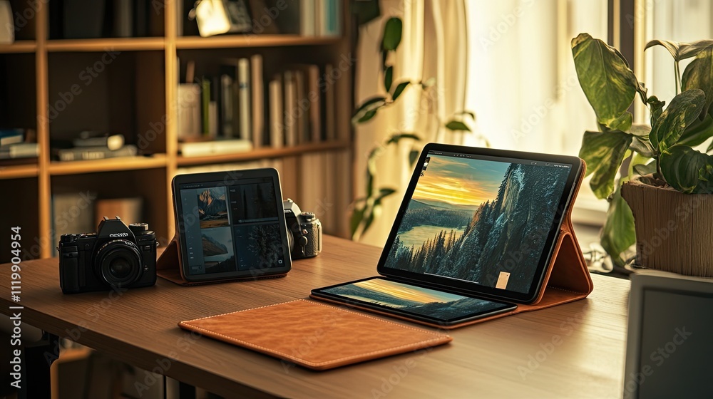 Two tablets, camera, and leather case on wooden desk in home office. Two tablets, camera, and leather case on wooden desk in home office.