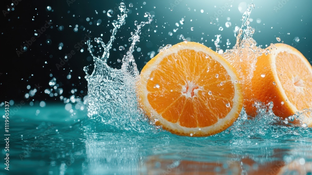Two orange slices splash into water, producing a powerful effect and dynamic movement, symbolizing energy and vitality with a focus on bright juicy colors.