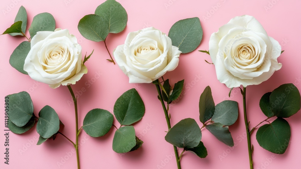Pastel pink background with white roses and eucalyptus flat lay Pastel pink background with white roses and eucalyptus flat lay