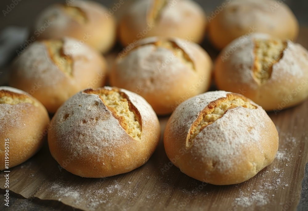 Close-up of golden-brown bread rolls arranged on wooden board with visible cracks and flour Close-up of golden-brown bread rolls arranged on wooden board with visible cracks and flour