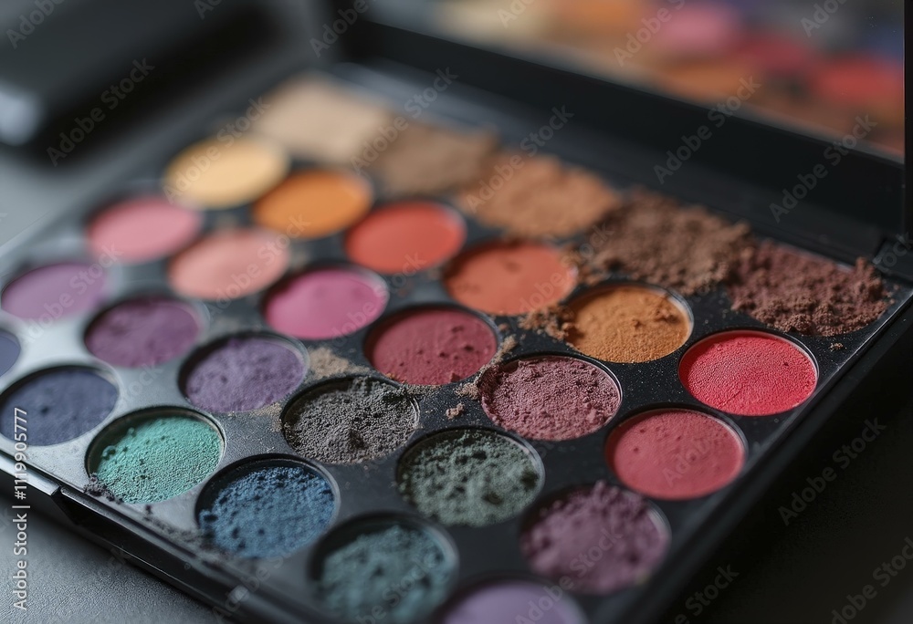 Makeup palette with colorful eyeshadow shades in a grid pattern Makeup palette with colorful eyeshadow shades in a grid pattern