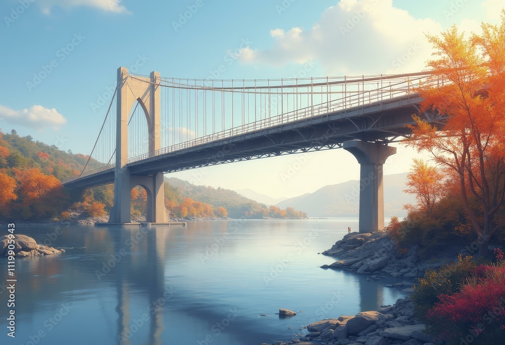 Illustration of modern suspension bridge spanning river with autumn foliage and clear sky Illustration of modern suspension bridge spanning river with autumn foliage and clear sky