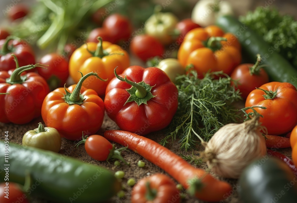 Garden harvest with ripe tomatoes, cucumbers, garlic, herbs, and carrots on rustic surface Garden harvest with ripe tomatoes, cucumbers, garlic, herbs, and carrots on rustic surface