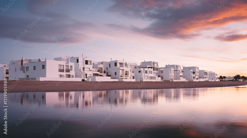 Coastal white buildings illuminated by the warm glow of a sunset, creating a tranquil and picturesque seaside atmosphere.
Coastal white buildings illuminated by the warm glow of a sunset, creating a tranquil and picturesque seaside atmosphere.