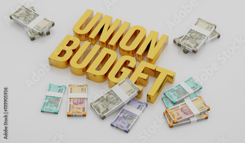 Union Budget of India with Indian Currency Rupee Notes - 3D Illustration Render