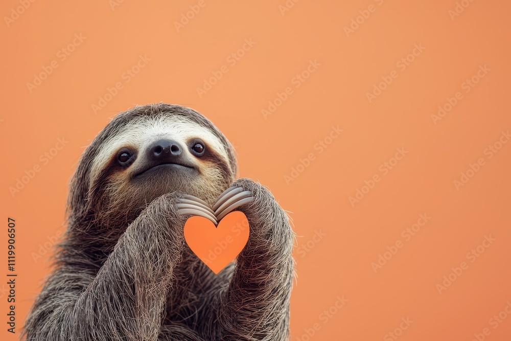 Adorable sloth holding orange heart symbol against a warm orange background Adorable sloth holding orange heart symbol against a warm orange background