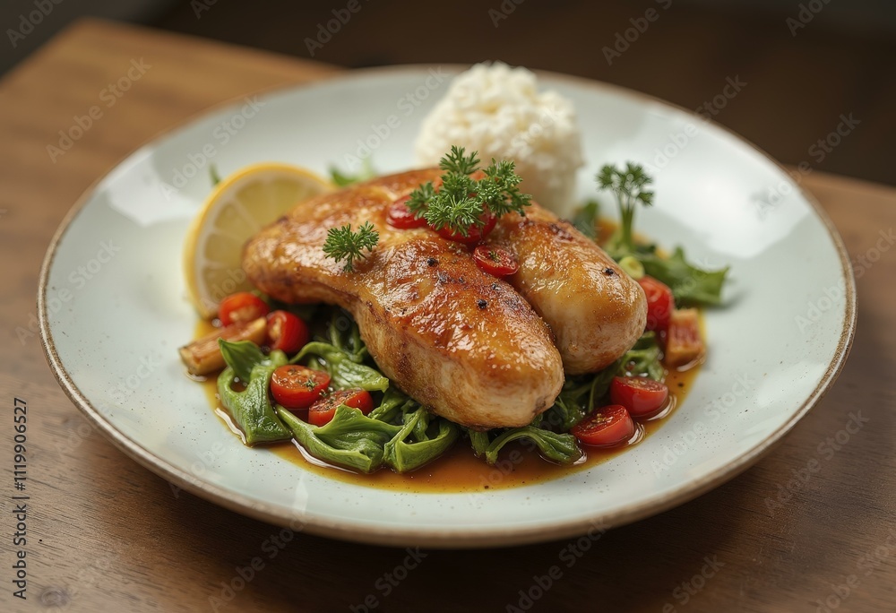 Grilled chicken thighs with rice and microgreens on gourmet plate Grilled chicken thighs with rice and microgreens on gourmet plate
