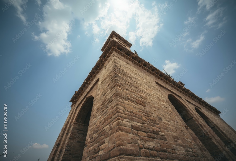 Low-angle view of weathered stone tower with arched windows against blue sky Low-angle view of weathered stone tower with arched windows against blue sky