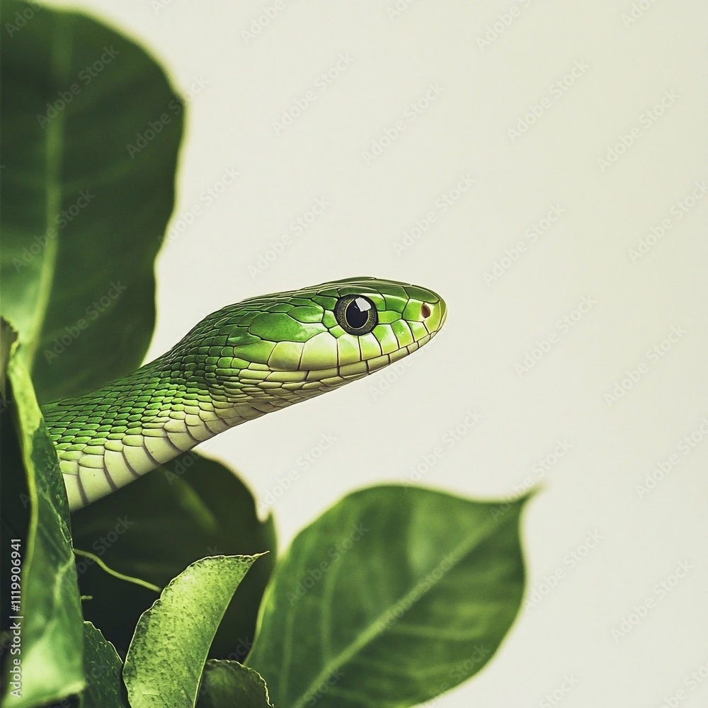 Fototapeta premium Green snake in green fresh leaves on white background, empty space for text, copy space. Symbol of 2025 year of the Snake, picture for postcard and poster calendar