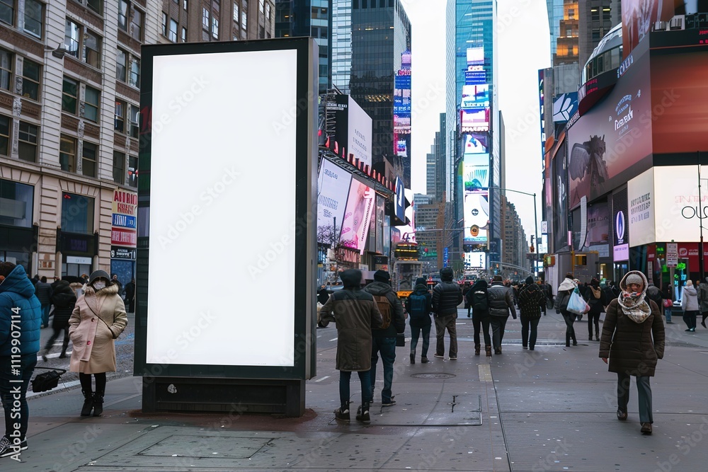 Blank billboard on a busy urban street with people walking and blurred buildings in the background Blank billboard on a busy urban street with people walking and blurred buildings in the background