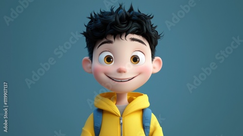 Smiling Asian Cartoon Boy Teenager on Light Background with Backpack and Yellow Hoodie - Cute and Funny Character Concept for Positive People Illustrations