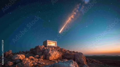 A meteor streaks across a star-studded night sky, casting an ethereal glow over a lone house perched on rugged rocks, surrounded by serene and breathtaking views. photo