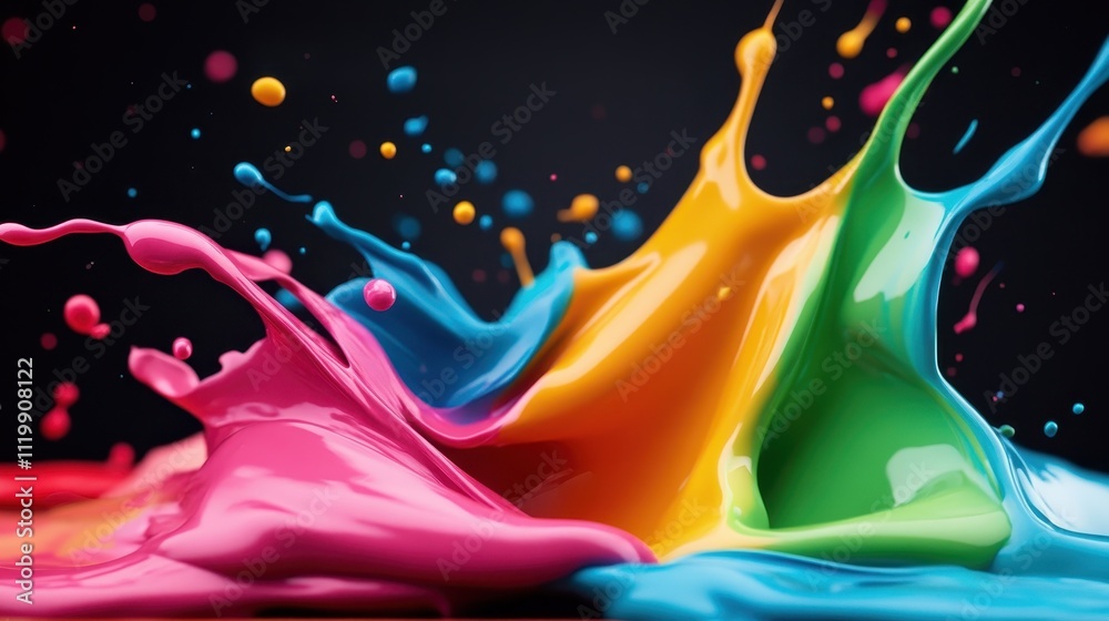 Fototapeta premium Dynamic splashes of pink, orange, green, and blue create a vibrant symphony of colors against a dark background, evoking expression and artistic creativity.