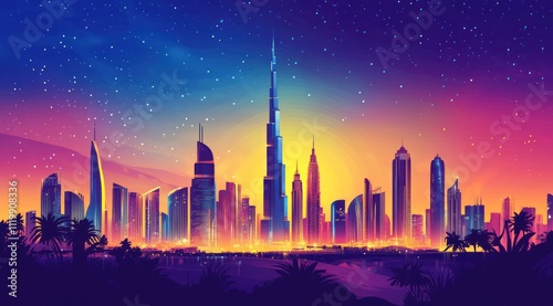 colorful illustration of Dubai skyline with graffiti art, night sky