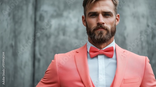 A bearded man stands confidently, dressed in an elegant pink suit and bowtie, exuding charm and readiness for a fashionable occasion or event. photo