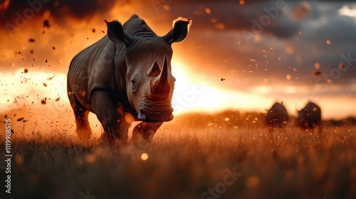 A rhino charges powerfully through a savanna, dust flying around it as the golden sunset light casts a dramatic glow over the distant horizon and landscape. photo