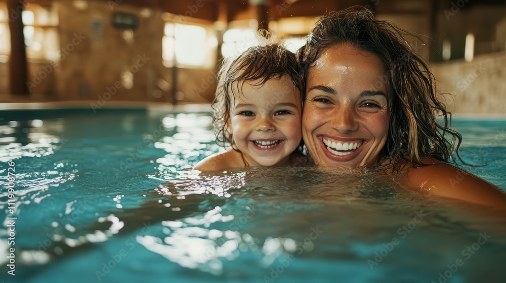 A beautiful capture of a mother and child smiling and embracing as they enjoy their time swimming in a pool, highlighting maternal happiness. A beautiful capture of a mother and child smiling and embracing as they enjoy their time swimming in a pool, highlighting maternal happiness.