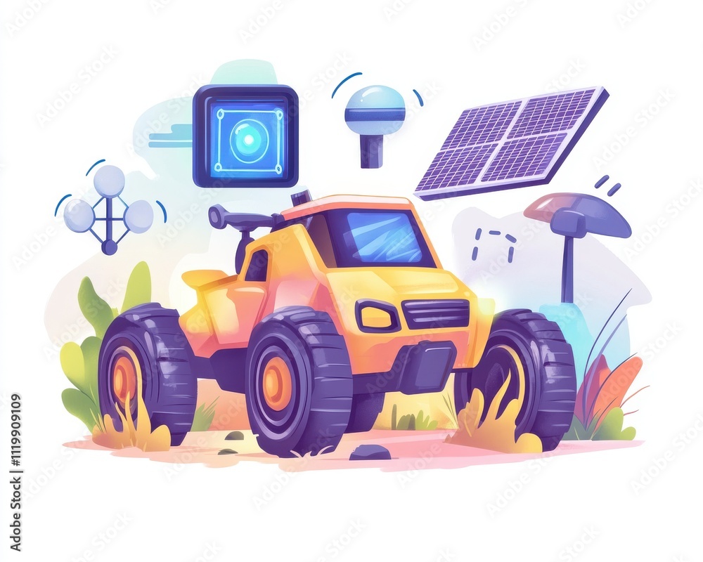 Naklejka premium Illustration of a yellow off-road vehicle with solar panels and technology icons.