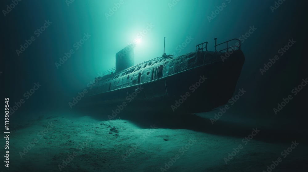 Mystical Underwater Scene of a Sunken Submarine Illuminated by a Beam of Light Surrounded by Deep Blue Ocean Water and Soft Sand Mystical Underwater Scene of a Sunken Submarine Illuminated by a Beam of Light Surrounded by Deep Blue Ocean Water and Soft Sand