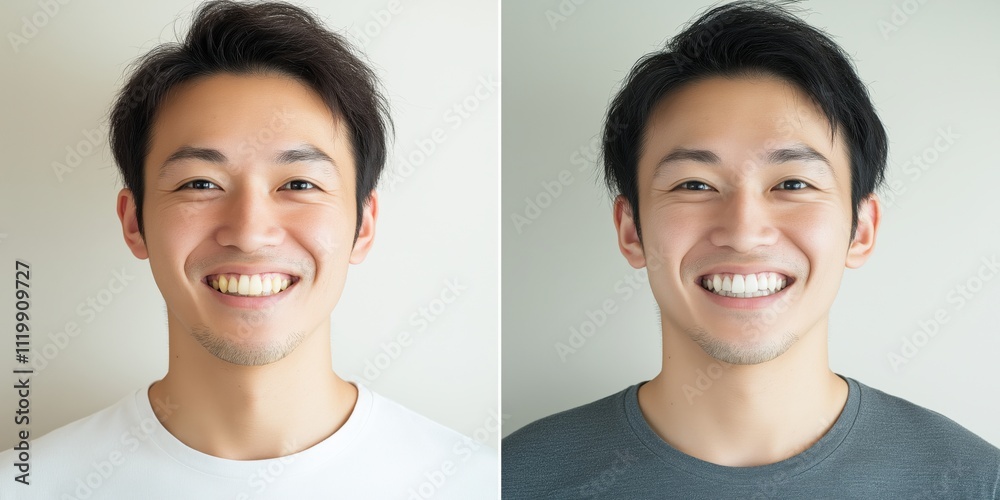 変身コンセプトの分割画面: 笑顔の男性のポートレートのビフォーアフター