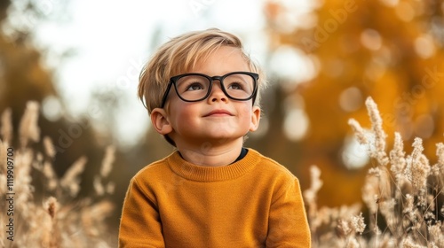 A young child wearing glasses gazes upwards while seated in a field of autumn grass, creating a sense of wonder and discovery with a serene forest backdrop. photo