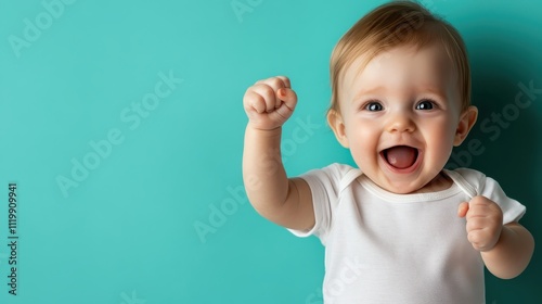 A cheerful baby laughing joyously while waving a tiny fist, set against a teal backdrop, illustrating pure joy and the charming essence of childhood. photo