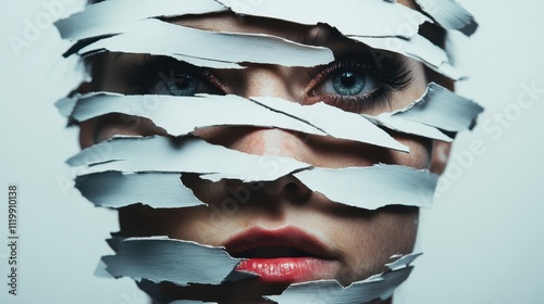 The image showcases a mysterious gaze emanating from between intricately shredded layers of paper, blending artistic expression with enigmatic beauty.