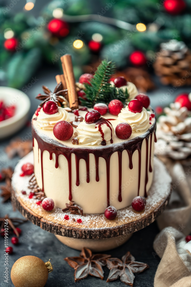 Fresh baked delicious Christmas cake with cream and winter holidays decorations. Tasty pie with frosting and sprinkles. Christmas cozy decoration.