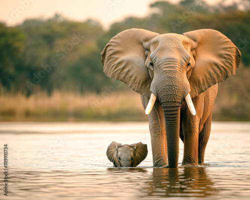 A mother elephant and her baby are in the water