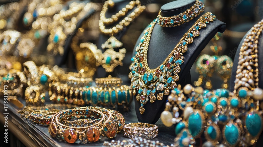 A close-up of a beautifully arranged jewelry display, showcasing various adornments such as necklaces, bracelets, and rings with intricate designs A close-up of a beautifully arranged jewelry display, showcasing various adornments such as necklaces, bracelets, and rings with intricate designs