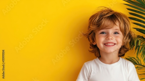 A cheerful child with a broad smile posing joyfully against a sunny yellow backdrop, radiating pure happiness, positive vibes, and a carefree childhood spirit. photo