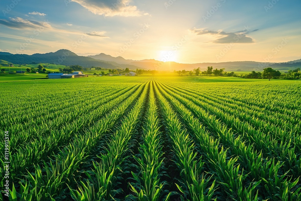 Spring sunrise over lush green fields Spring sunrise over lush green fields
