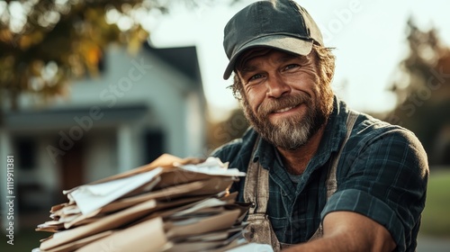 An elderly worker with a hat and beard is seen outside, holding a stack of documents. The sunlight highlights his thoughtful expression and relaxed posture. photo